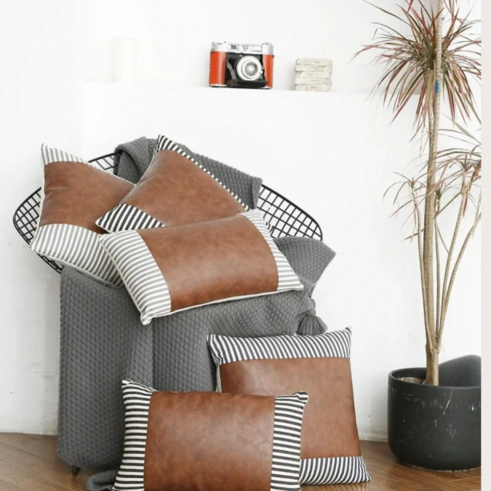 Luxury Home | Rustic Farmhouse Grey Striped Faux Leather Throw Pillow Covers